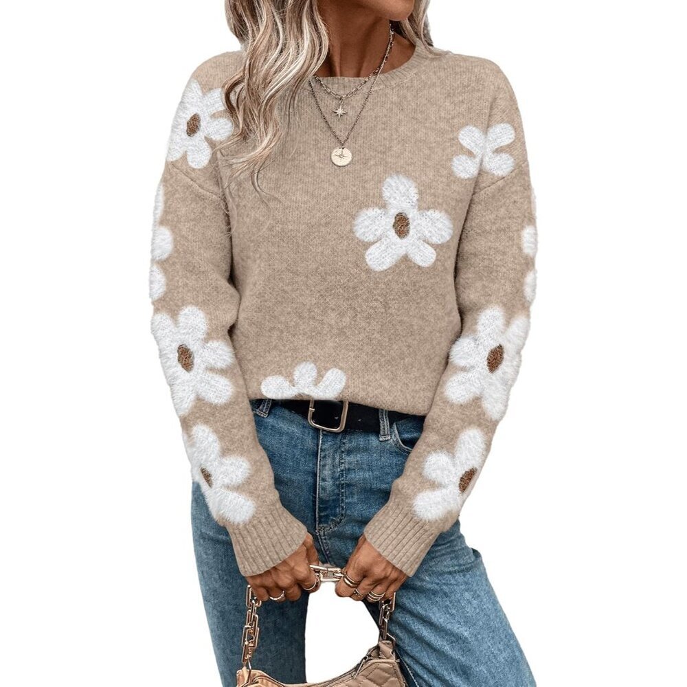 Women's Floral Pattern Crewneck Long Sleeve Sweater Pullover Casual Tops